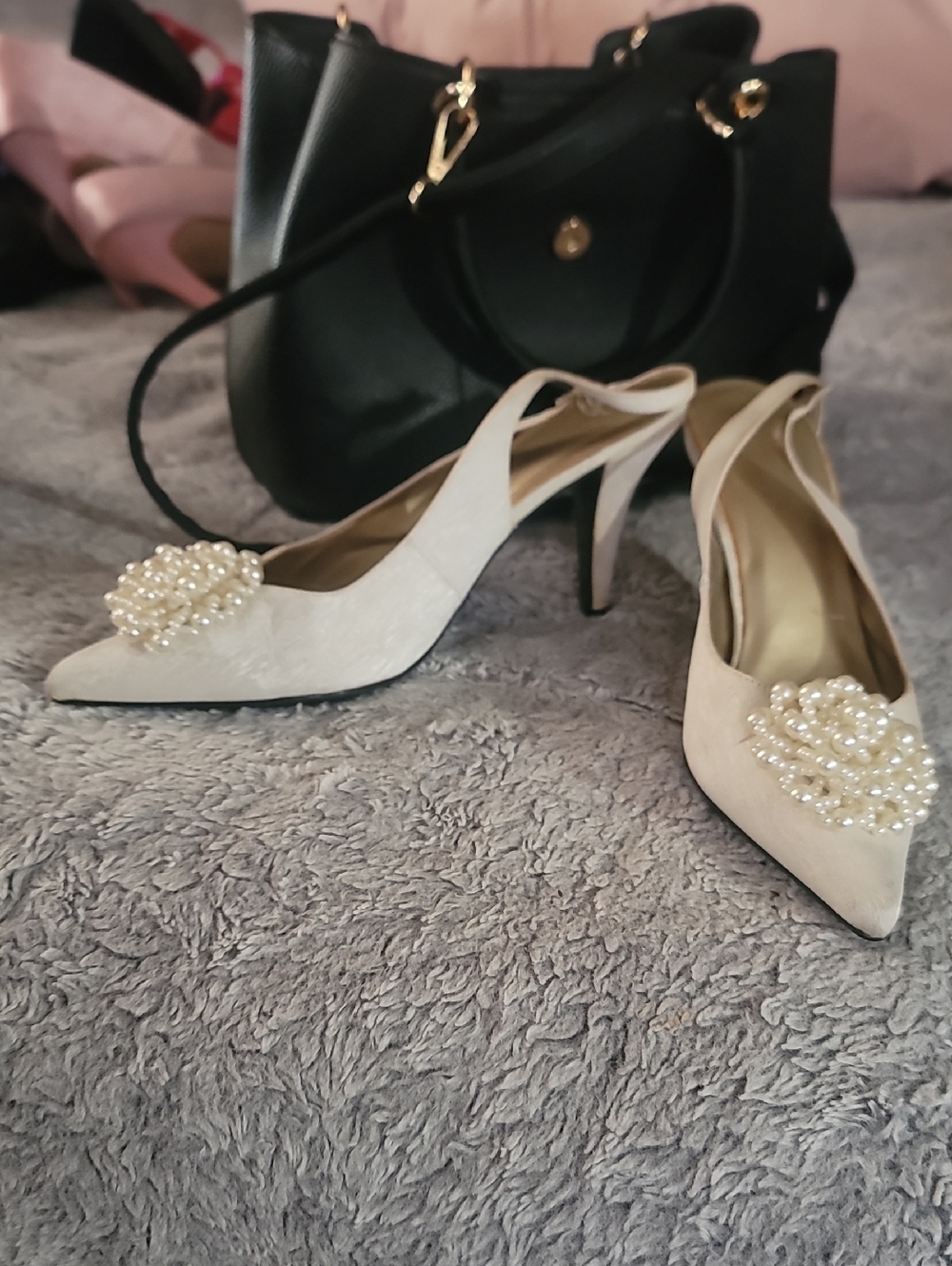 Elegant Women's Pearl-Embellished Slingback Heels - Cream